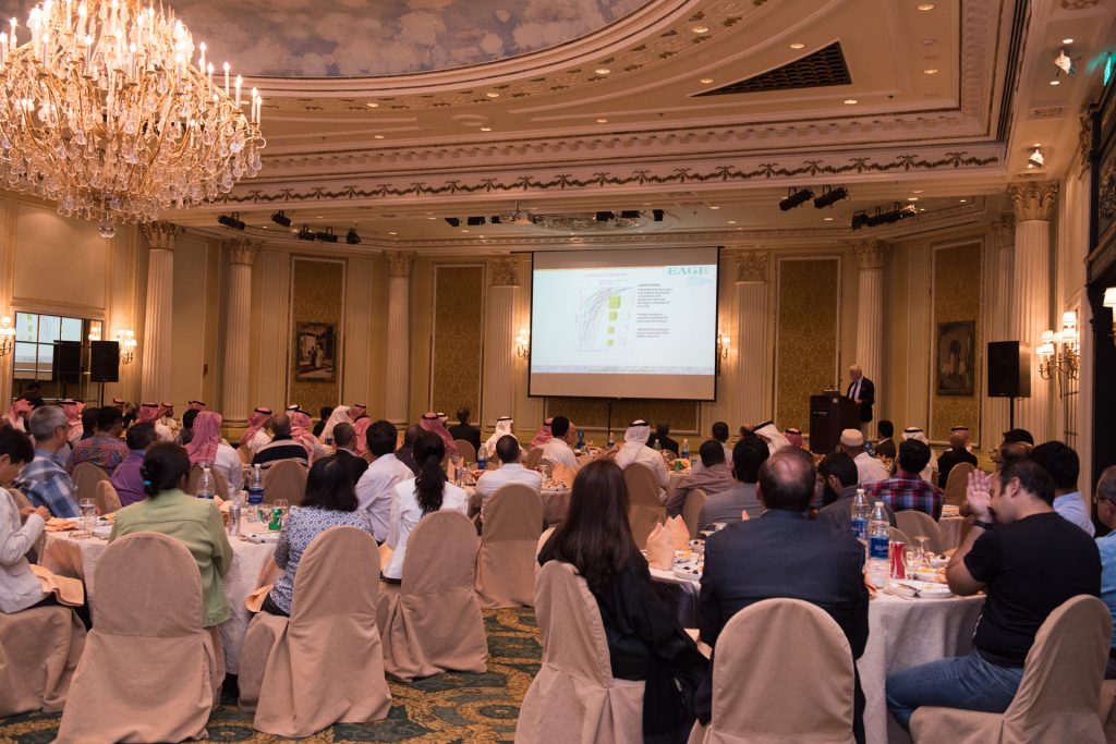 Wide view of a DGS dinner meeting in a ballroom